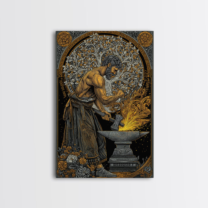 Mythical Forge Master Canvas Gold Canvas Print, Ancient Greek Hephaestus Art, Dramatic Mythology Wall Decor, Real Wood Frame