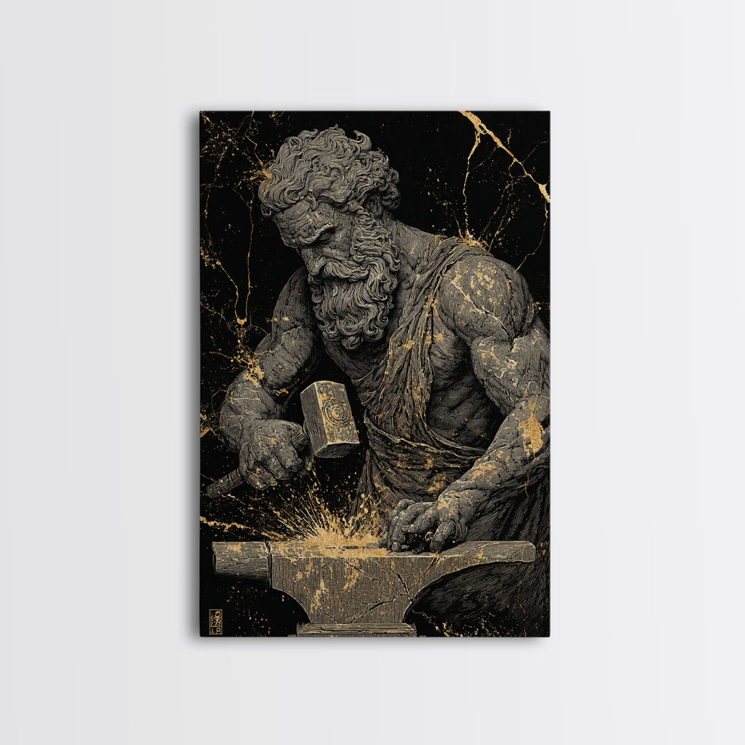 Greek God At Anvil Canvas Gold Canvas Print, Mythological Hephaestus Art, Classic Blacksmith Wall Decor, Real Wood Frame