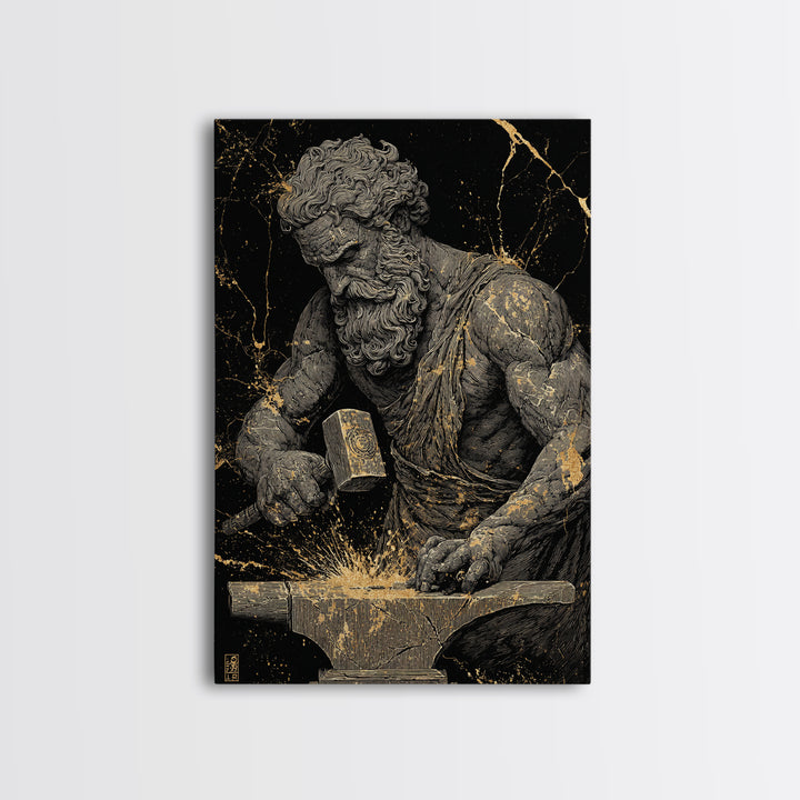 Greek God At Anvil Canvas Gold Canvas Print, Mythological Hephaestus Art, Classic Blacksmith Wall Decor, Real Wood Frame
