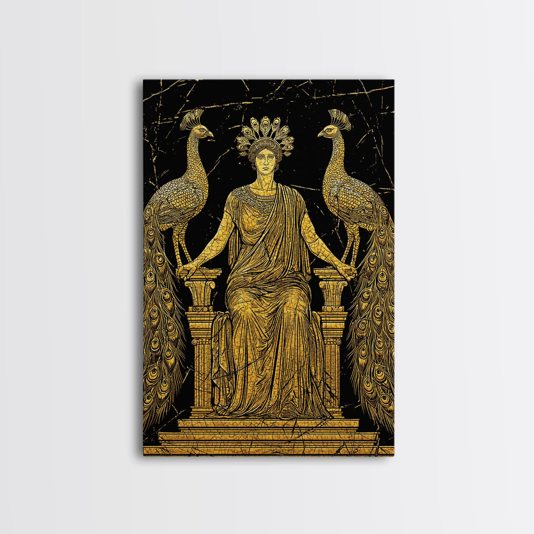 Greek Goddess Hera With Peacocks Canvas Gold Canvas Print, Mythology Wall Art, Luxury Wood Framed Art Decor