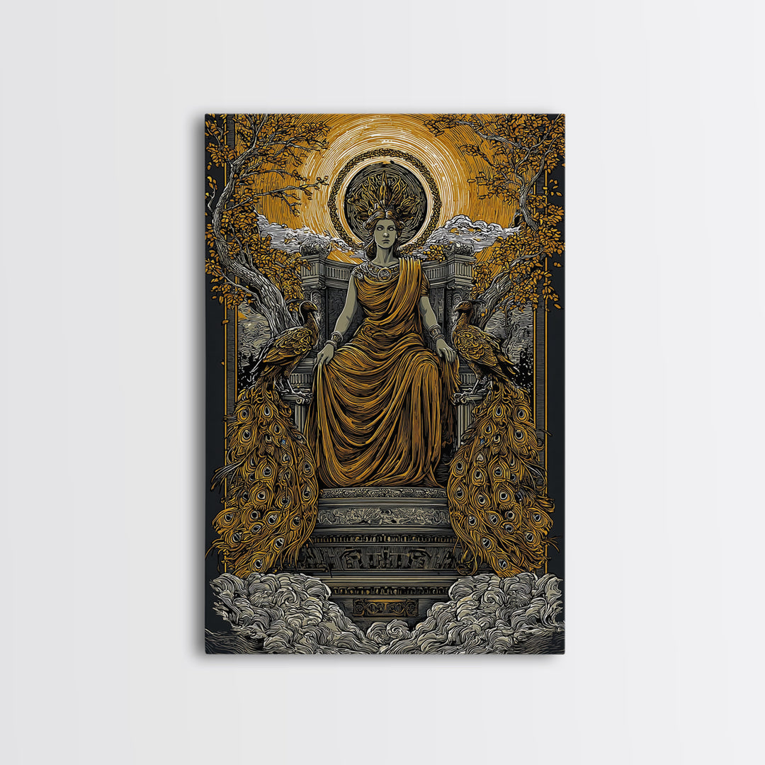 Divine Queen Hera Canvas Gold Canvas Print, Greek Goddess Wall Art, Regal Mythology Decor, Real Wood Frame Artwork