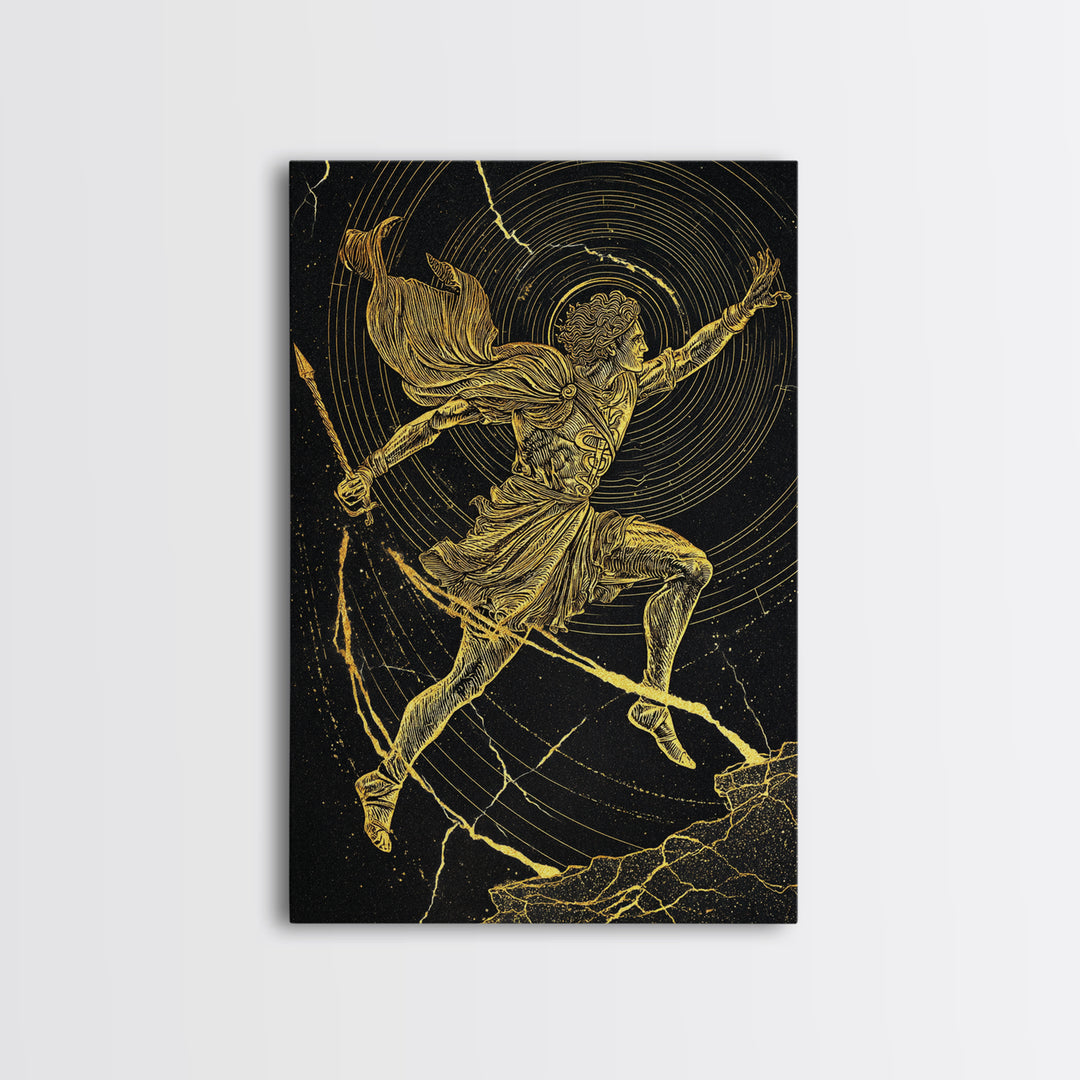 Hermes Running With Caduceus Canvas Gold Canvas Print, Greek God Art, Mythology Wall Decor, Luxury Wood Framed Print