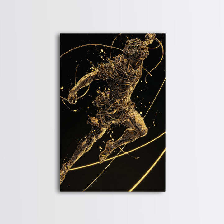 Hermes Leaping Canvas Gold Canvas Print, Greek God Wall Art, Divine Mythology Inspired Decor, Luxury Wood Framed Art