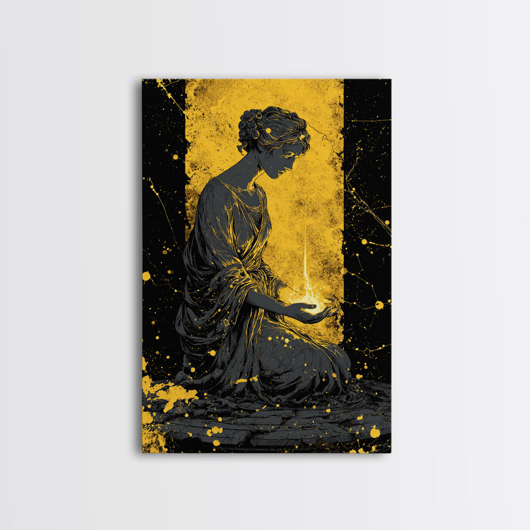 Greek Goddess Hestia With Flame Canvas Gold Canvas Print, Ancient Mythology Wall Art, Real Wood Frame Home Decor
