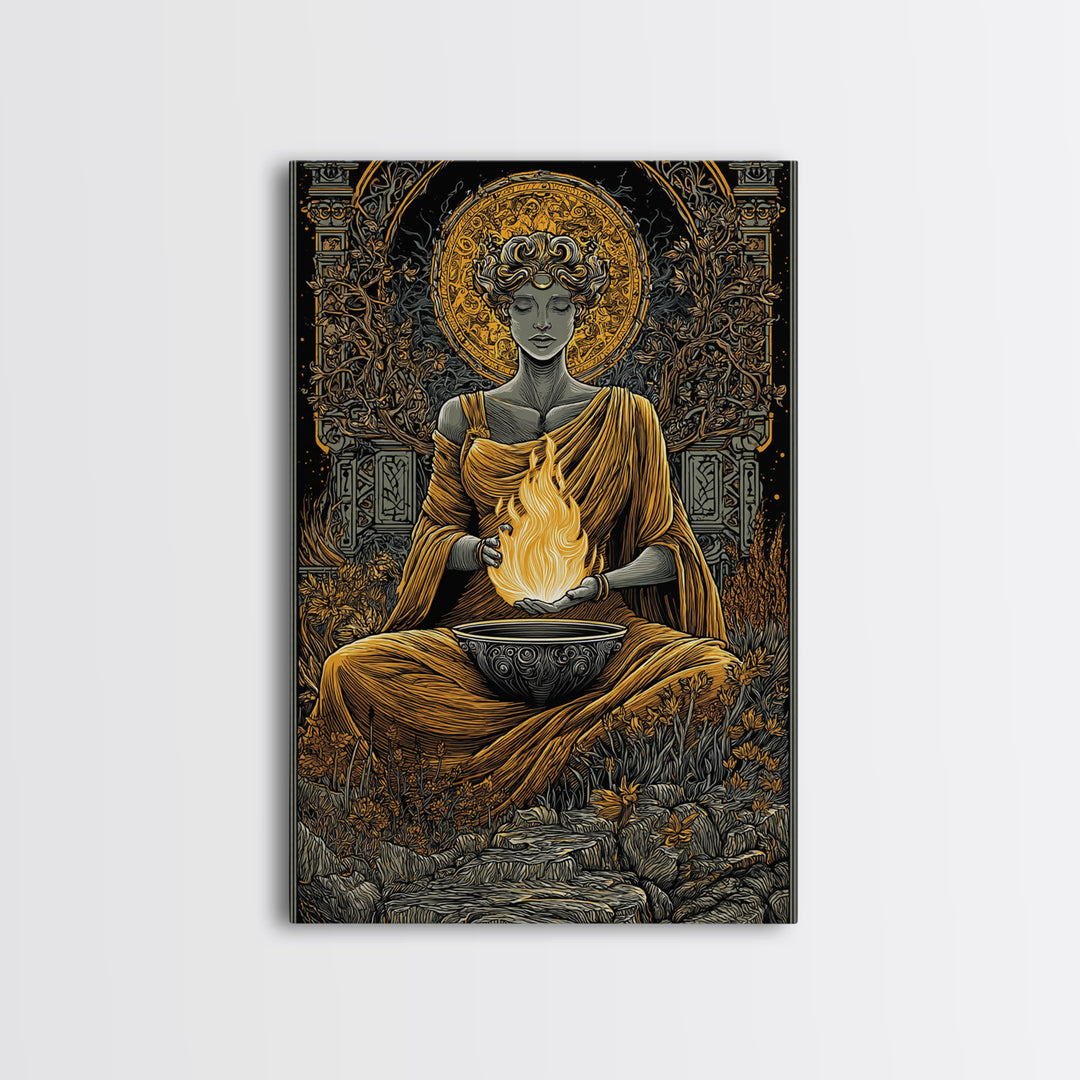 Hestia Goddess Of The Hearth Canvas Gold Canvas Print, Divine Fire Wall Art, Mythology Inspired Decor, Wood Frame Print