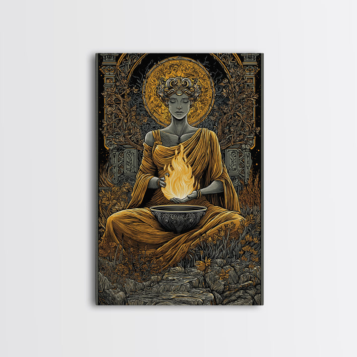 Hestia Goddess Of The Hearth Canvas Gold Canvas Print, Divine Fire Wall Art, Mythology Inspired Decor, Wood Frame Print