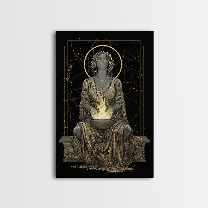 Sacred Flame Hestia Canvas Gold Canvas Print, Greek Goddess Wall Art, Ancient Mythology Decor, Luxury Wood Frame Artwork