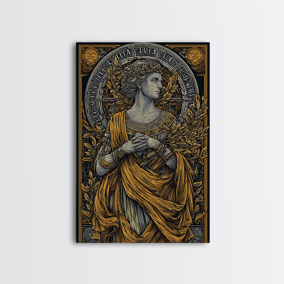 Greek Goddess Hestia With Fire Bowl, Mythology Canvas Gold Canvas Print, Ancient Goddess Wall Art, Real Wood Frame