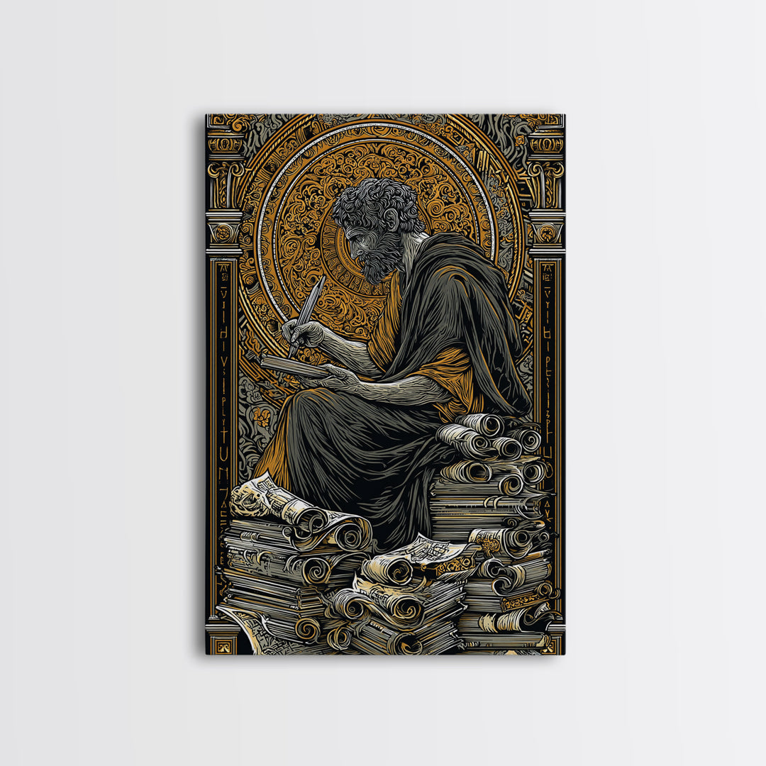 Canvas Gold Canvas Print, Ancient Philosopher Writing Art, Greek Scholar Wall Decor, Mythology Artwork, Real Wood Frame