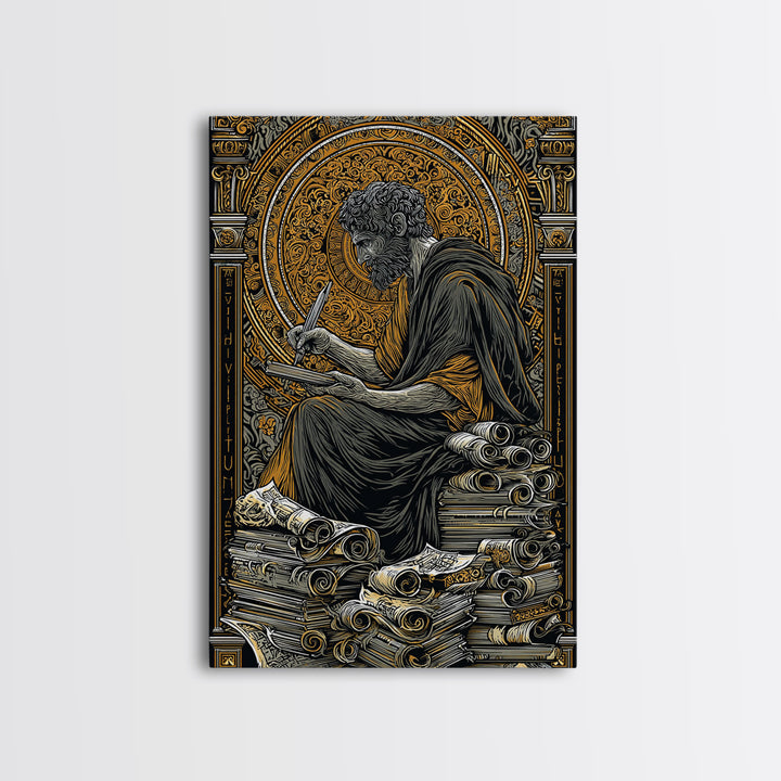Canvas Gold Canvas Print, Ancient Philosopher Writing Art, Greek Scholar Wall Decor, Mythology Artwork, Real Wood Frame