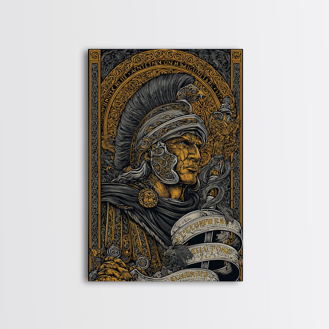 Canvas Gold Canvas Print, Warrior Helmet Roman Soldier Art, Ancient Military Wall Decor, Classical Artwork, Real Wood Frame