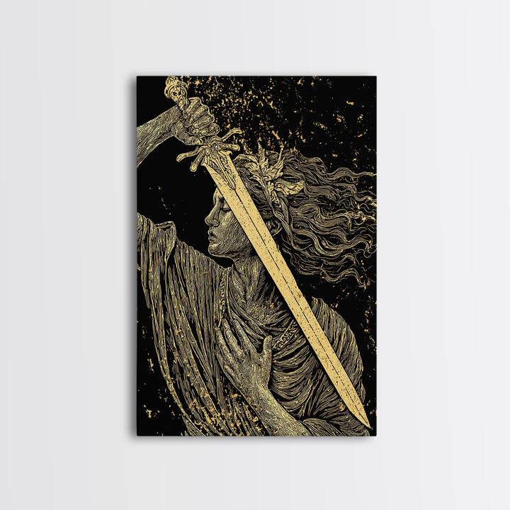 Canvas Gold Canvas Print, Goddess With Sword Art, Greek Mythology Warrior Wall Decor, Divine Strength Artwork, Real Wood Frame