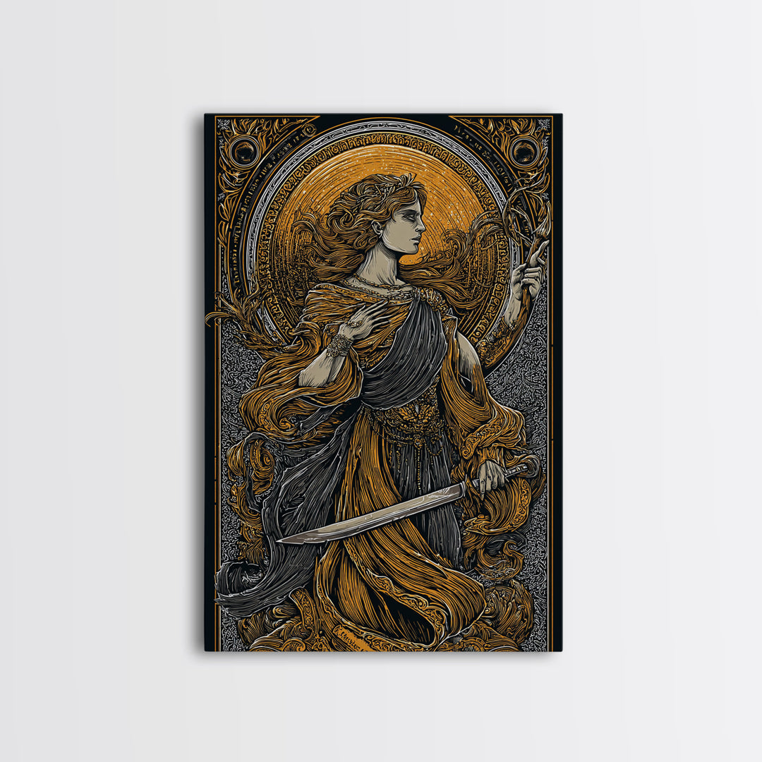 Canvas Gold Canvas Print, Mythical Goddess With Sword Art, Ancient Deity Wall Decor, Divine Feminine Strength Artwork, Real Wood Frame