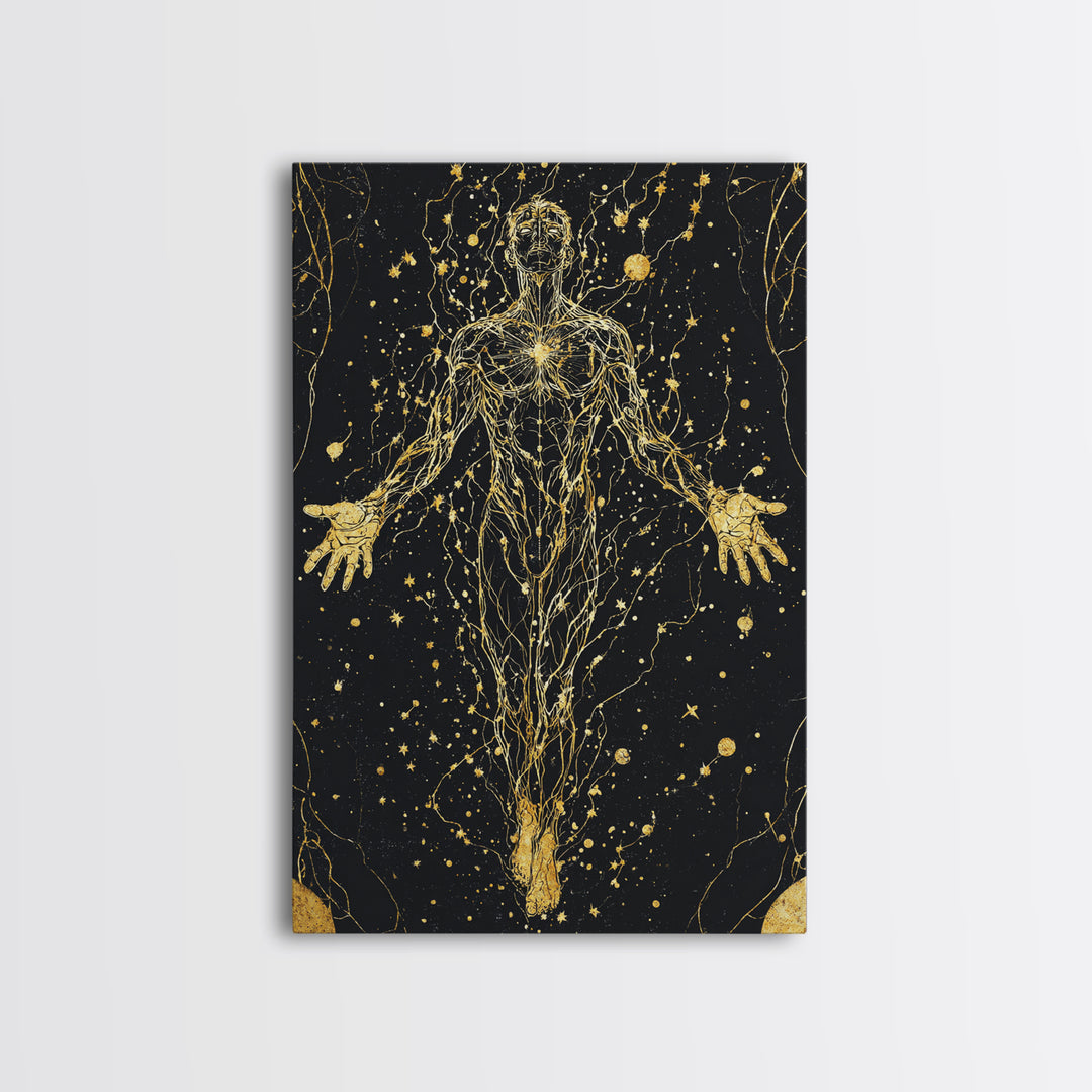 Canvas Gold Canvas Print, Cosmic Human Energy Lines Art, Spiritual Awakening Wall Decor, Astral Mythology Artwork, Real Wood Frame