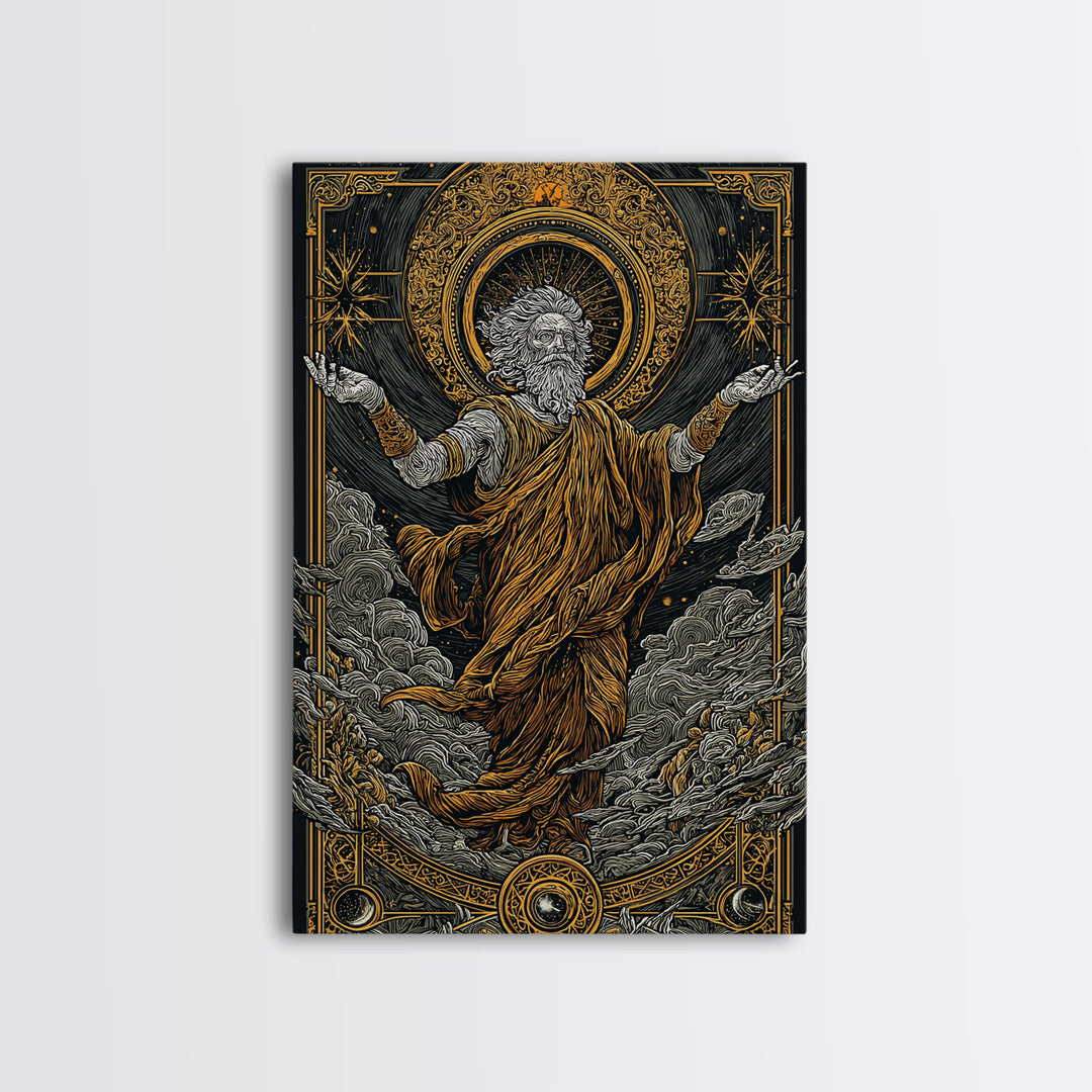 Canvas Gold Canvas Print, Ancient God Ascension Art, Mythology Divine Figure Wall Decor, Celestial Power Artwork, Real Wood Frame