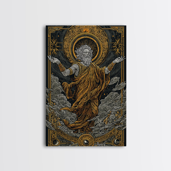 Canvas Gold Canvas Print, Ancient God Ascension Art, Mythology Divine Figure Wall Decor, Celestial Power Artwork, Real Wood Frame