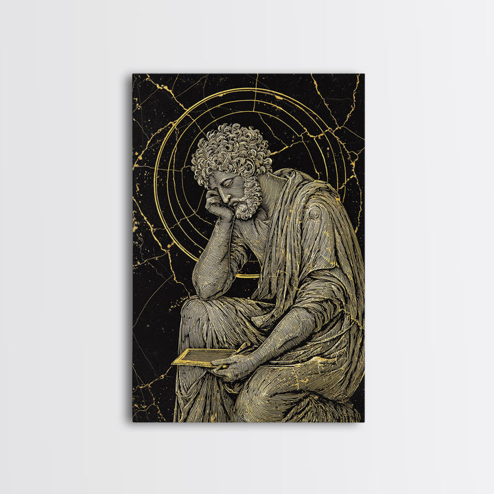 Canvas Gold Canvas Print, Stoic Philosopher Sitting Art, Ancient Thinker Wall Decor, Roman Wisdom Artwork, Real Wood Frame