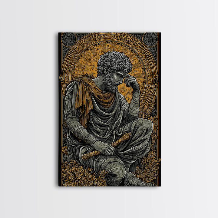 Canvas Gold Canvas Print, Greek Philosopher Statue Art, Ancient Wisdom Wall Decor, Classical Thinker Artwork, Real Wood Frame
