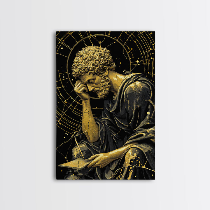 Canvas Gold Canvas Print, Pensive Philosopher Study Art, Ancient Scholar Wall Decor, Roman Thinker Artwork, Real Wood Frame