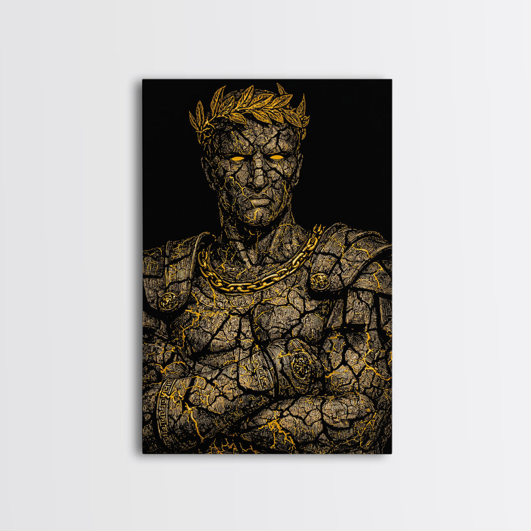 Roman Emperor Bust Canvas Gold Canvas Print, Mythology Wall Art, Regal Warrior Portrait, Classical Decor, Real Wood Frame