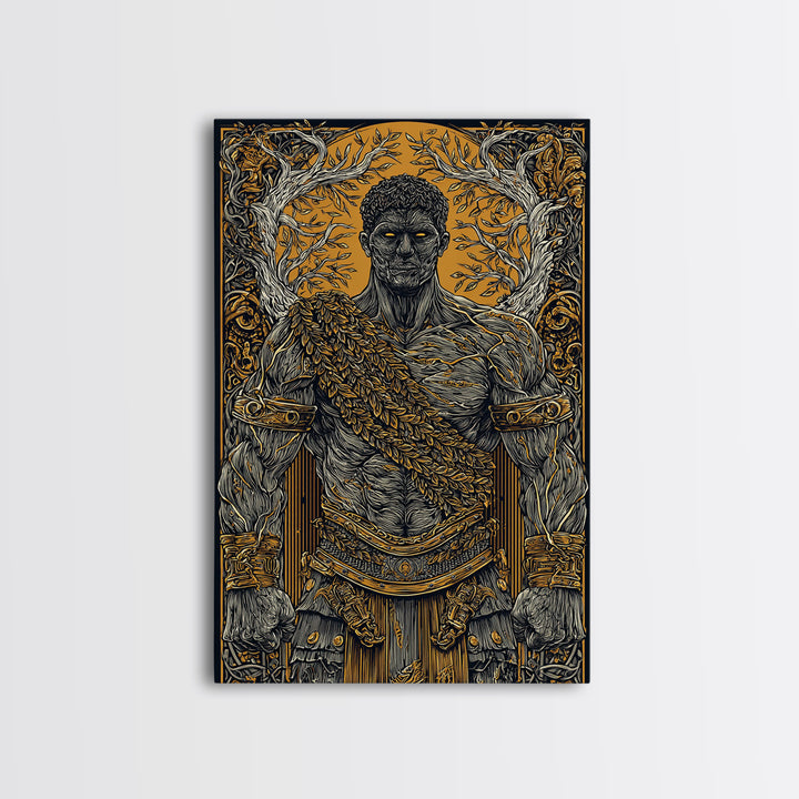 Roman Warrior Canvas Gold Canvas Print, Ancient Strength Wall Art, Mythology Inspired Decor, Luxury Home Accent, Real Wood Frame