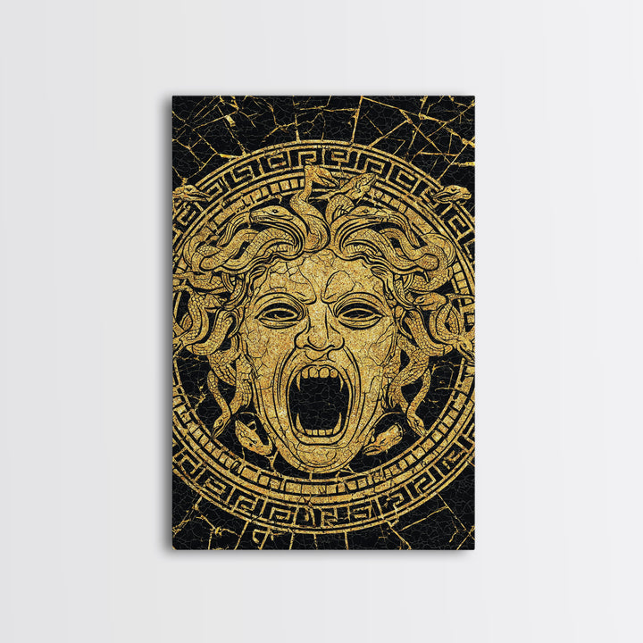 Medusa Head Canvas Gold Canvas Print, Mythology Wall Art, Snake Hair Monster Decor, Greek Legend Artwork, Real Wood Frame