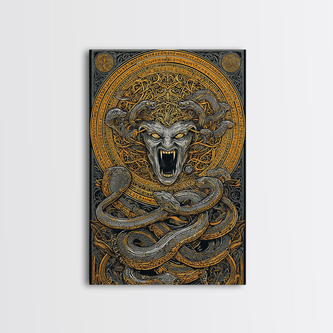 Medusa Serpent Canvas Gold Canvas Print, Mythology Wall Art, Fierce Gorgon Decor, Greek Goddess Inspired Artwork, Real Wood Frame