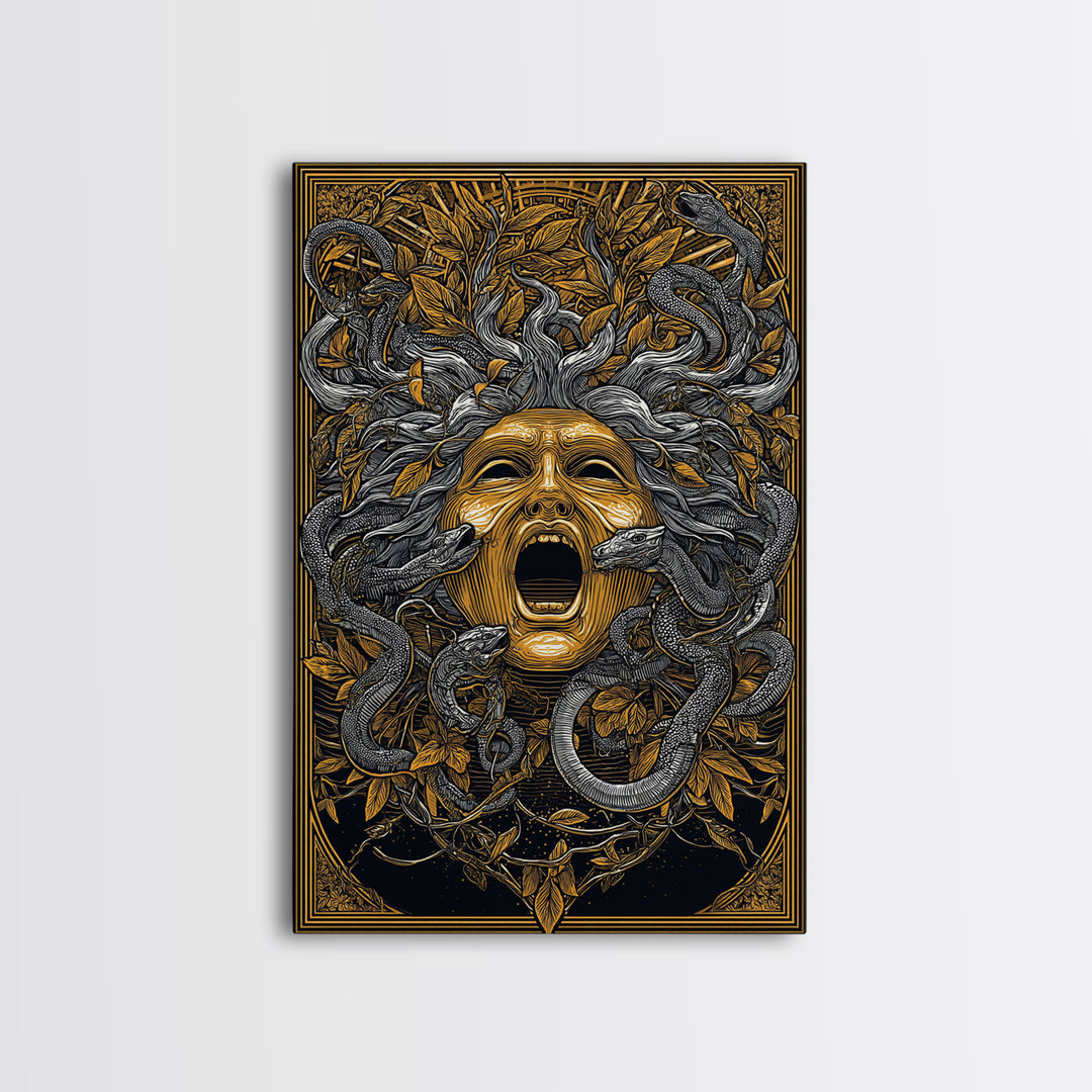 Medusa Mask Canvas Gold Canvas Print, Snake Hair Wall Art, Mythology Decor, Greek Gorgon Artwork, Intricate Myth Print, Real Wood Frame