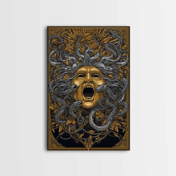 Medusa Mask Canvas Gold Canvas Print, Snake Hair Wall Art, Mythology Decor, Greek Gorgon Artwork, Intricate Myth Print, Real Wood Frame