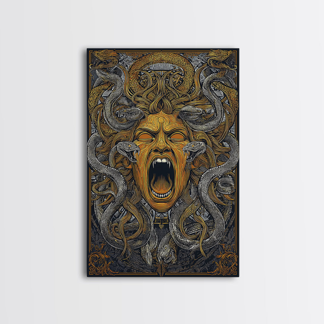Medusa Snakes Canvas Gold Canvas Print, Mythology Wall Art, Fierce Gorgon Decor, Ancient Greek Inspired Artwork, Real Wood Frame