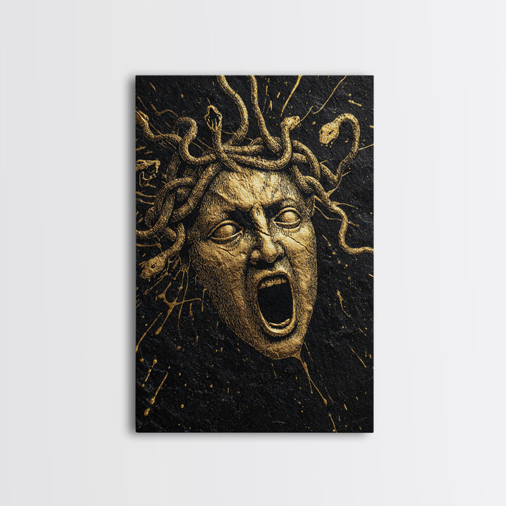 Medusa Face Canvas Gold Canvas Print, Mythology Wall Art, Serpent Haired Gorgon Decor, Dark Fantasy Greek Artwork, Real Wood Frame