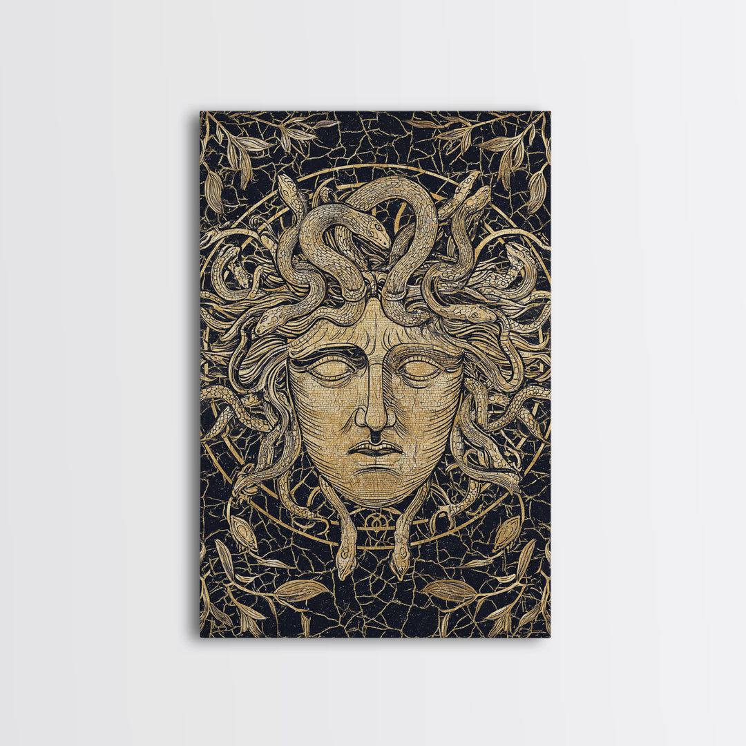 Medusa Head Canvas Gold Art, Mythology Wall Print, Snake Hair Decor, Fierce Ancient Greek Gorgon Artwork, Real Wood Frame