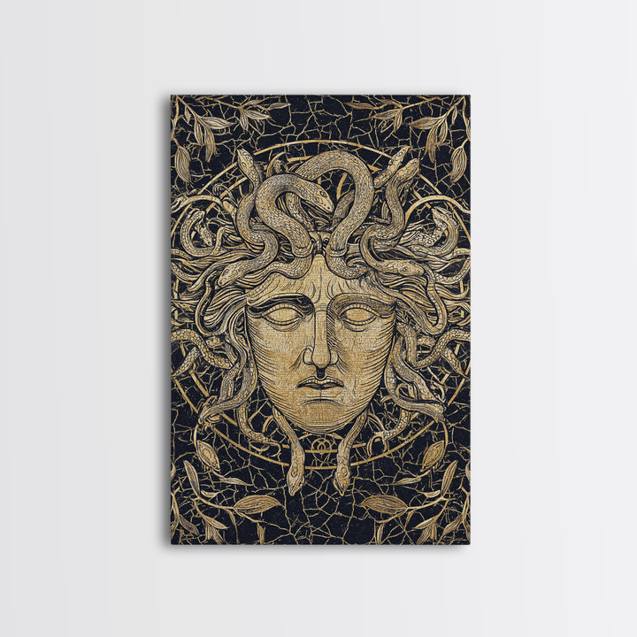 Medusa Head Canvas Gold Art, Mythology Wall Print, Snake Hair Decor, Fierce Ancient Greek Gorgon Artwork, Real Wood Frame