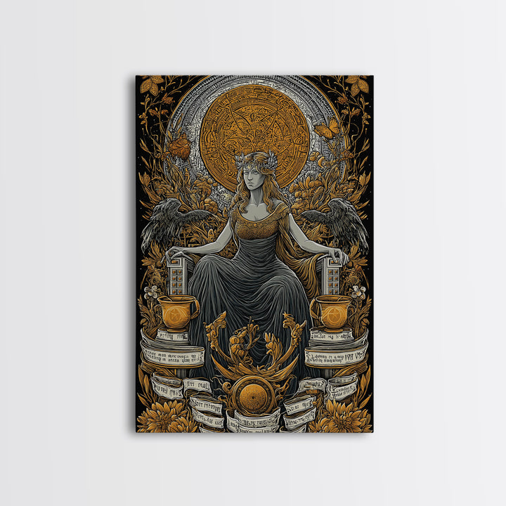 Goddess Throne Canvas Gold Canvas Print, Mythology Wall Art, Divine Queen Decor, Ancient Inspired Spiritual Artwork, Real Wood Frame