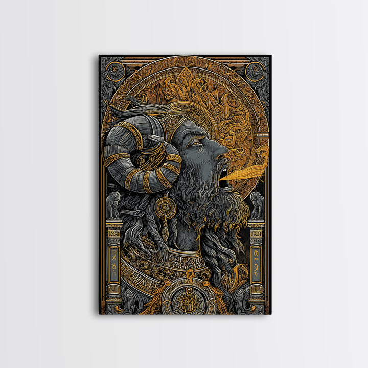 Horned God Canvas Gold Canvas Print, Mythology Wall Art, Fire Breathing Deity Decor, Pagan Inspired Spiritual Artwork, Real Wood Frame