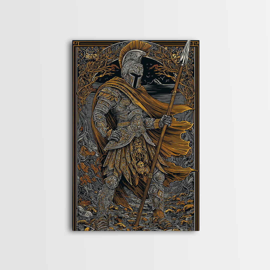 Ancient Hero Canvas Gold Canvas Print, Mythological Warrior Art, Classical Armor Wall Decor, Fantasy Epic Artwork Real Wood Frame