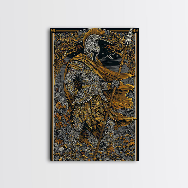Ancient Hero Canvas Gold Canvas Print, Mythological Warrior Art, Classical Armor Wall Decor, Fantasy Epic Artwork Real Wood Frame