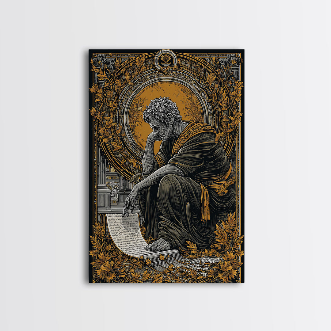 Horned God Canvas Gold Canvas Print, Mythical Warrior Wall Art, Ancient Deity With Flames Artwork, Fantasy Myth Decor Real Wood Frame