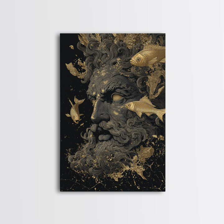 Ocean God Oceanus Canvas Gold Canvas Print, Greek Mythology Sea Deity Art, Real Wood Frame, Elegant Nautical Wall Decor
