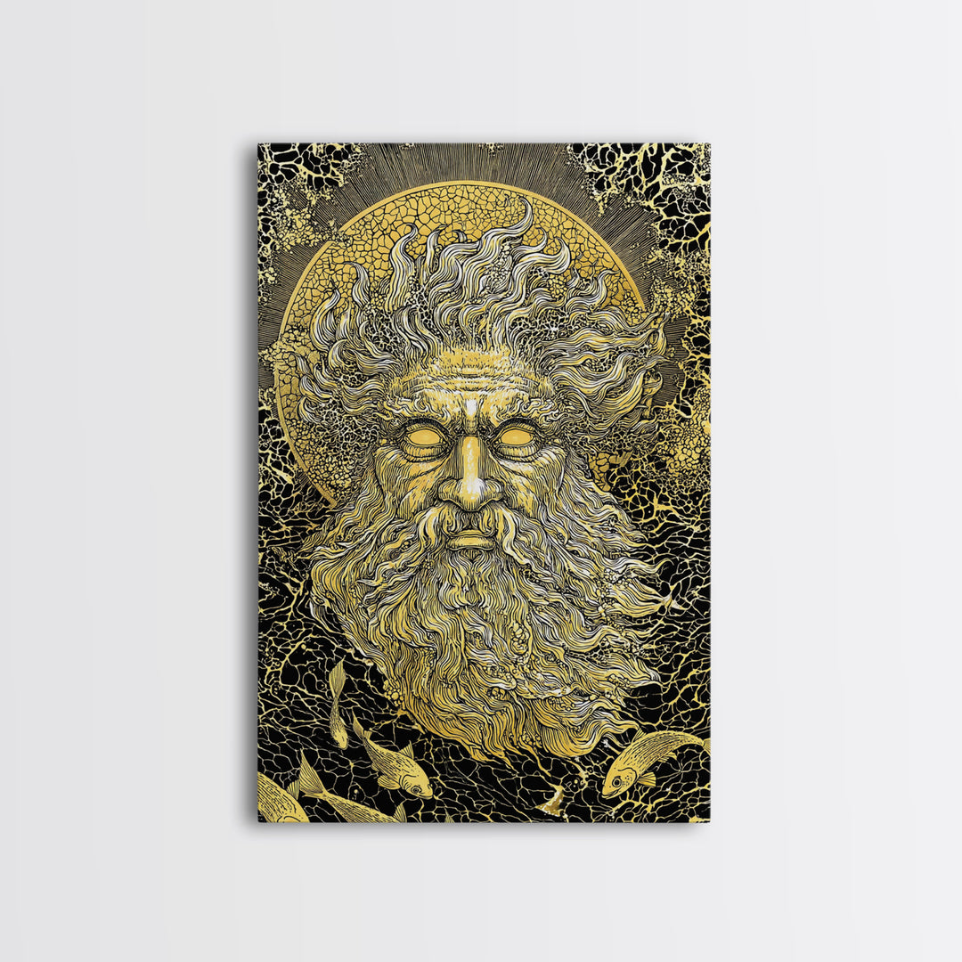 Ancient Sea God Oceanus Canvas Gold Art, Mythological Wall Print, Real Wood Frame, Classical Maritime Inspired Home Decor