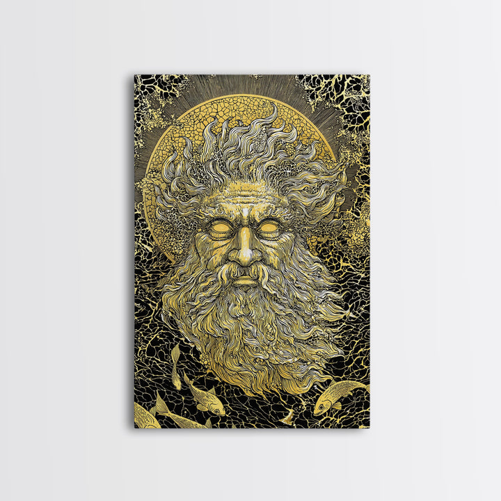 Ancient Sea God Oceanus Canvas Gold Art, Mythological Wall Print, Real Wood Frame, Classical Maritime Inspired Home Decor