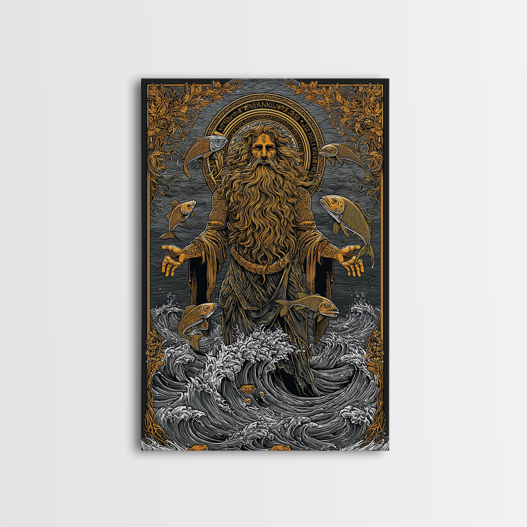 Powerful Titan Oceanus Canvas Gold Canvas Print, Greek Mythology Wall Art, Real Wood Frame, Luxury Ocean Inspired Home Accent