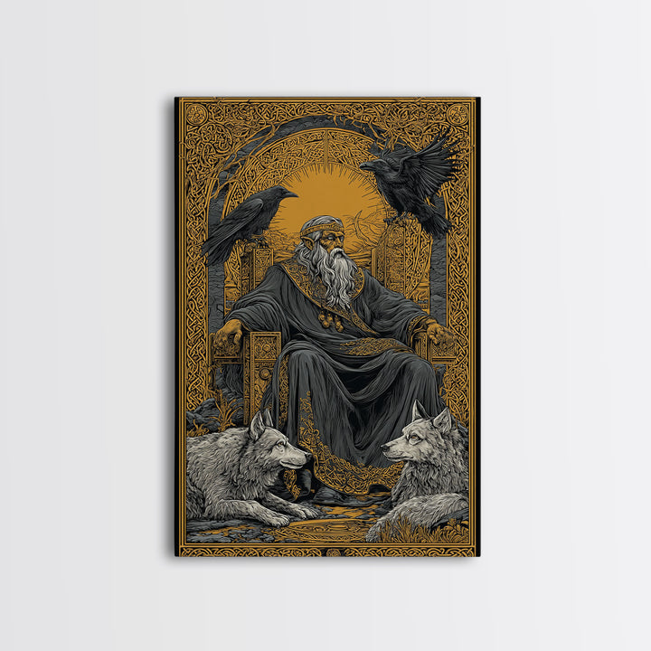 Odin Allfather Canvas Gold Canvas Print, Viking Mythology Wall Art, Real Wood Frame, Norse Legend Inspired Decor For Home