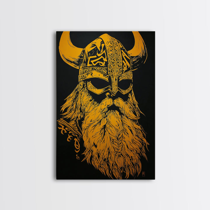 Norse Mythology Odin Canvas Gold Art, Viking Warrior God Canvas Print, Real Wood Frame, Ancient Scandinavian Wall Decoration
