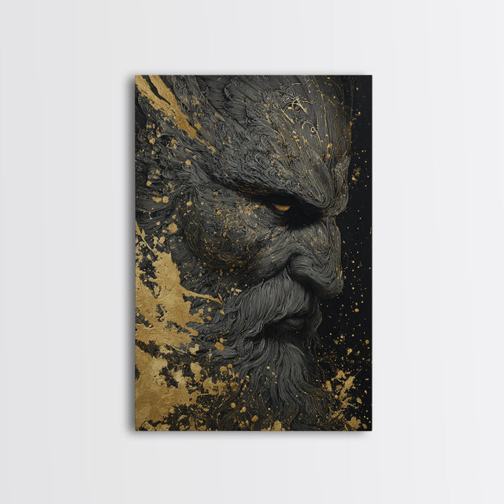 Bearded Warrior Portrait, Textured Detail, Canvas Gold Canvas Print, Mythological Art, Real Wood Frame, Norse Inspired Decor