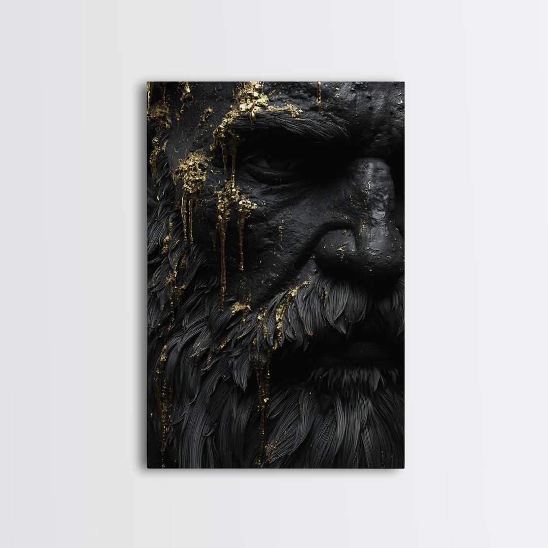 Abstract Mythological Face, Golden Tears Design, Canvas Gold Canvas Print, Textured Wall Art, Real Wood Frame, Dramatic Statement