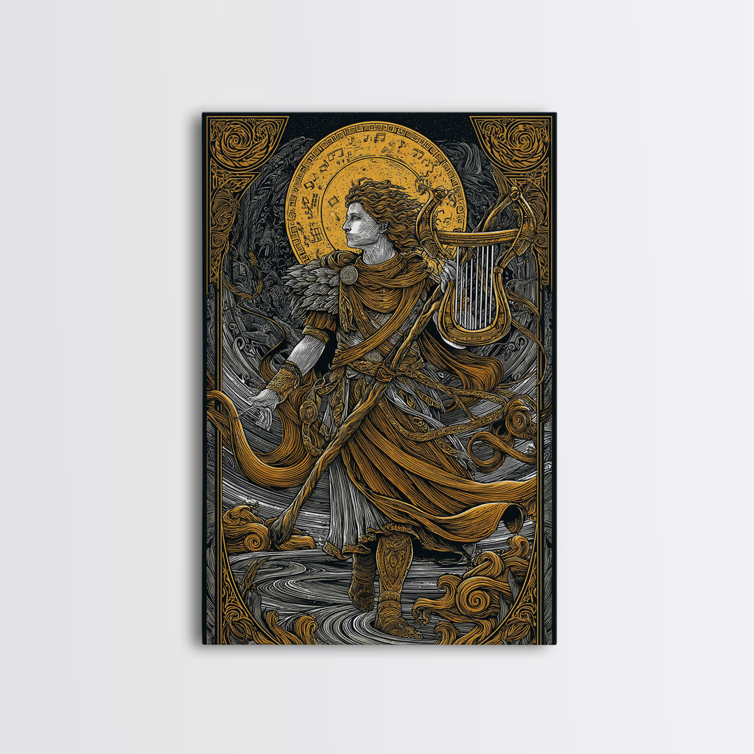 Apollo With Lyre, Greek God Of Music, Mythology Inspired Canvas Gold Canvas Print, Elegant Wall Art, Real Wood Frame, Divine Classic
