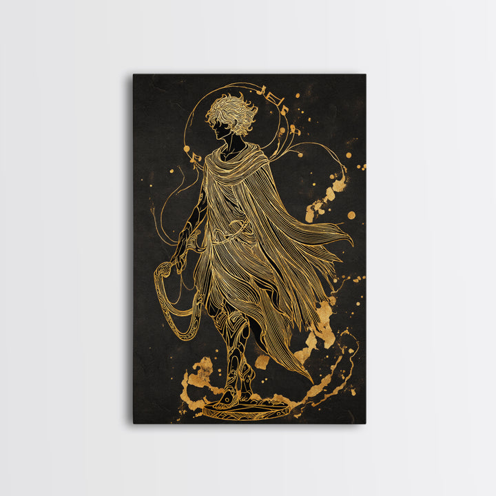 Apollo Figure With Flowing Cloak, Line Art Mythology Design, Canvas Gold Art, Mythical Wall Decor, Real Wood Frame, Elegant Greek