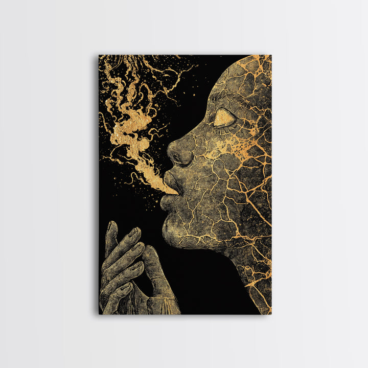 Mystical Goddess Face Exhaling Spirit, Surreal Mythology, Canvas Gold Canvas Print, Spiritual Wall Art, Real Wood Frame, Dreamlike