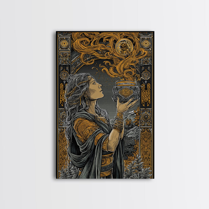 Pandora With Mythical Jar, Ancient Greek Mythology Canvas Gold Art, Detailed Decorative Wall Print, Real Wood Frame, Timeless Classic